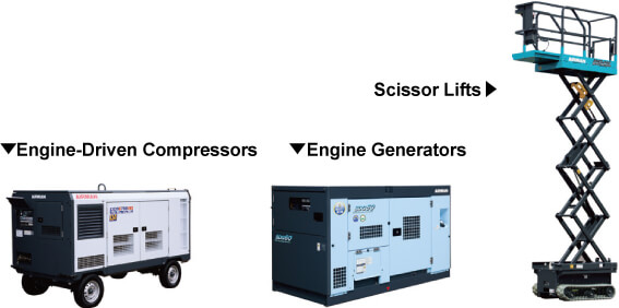 AIRMAN brand product lineup for outdoor and construction sites, featuring an engine compressor on the left, an engine generator in the center, and an aerial work platform on the right.