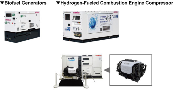 Next-generation product lineup for a decarbonized society. Features a biofuel generator on the upper left, a hydrogen-only engine compressor on the upper right, and a verification test machine with a close-up of its engine section at the bottom.