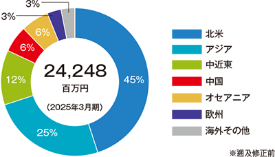 2025年3月期の海外売上高（24,248百万円）の地域別構成比。北米が45%と最大で、次いでアジア25%、中近東12%となっており、主要な海外市場の内訳を円グラフで示しています。