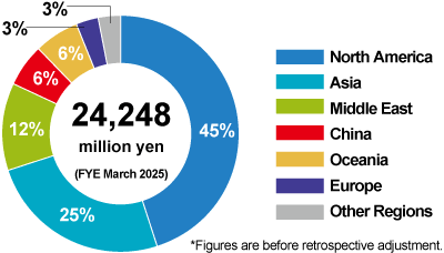 Pie chart of overseas sales by region for FY2025/3 (total 24,248 million yen). North America is the largest market at 45%, followed by Asia at 25% and the Middle East at 12%.